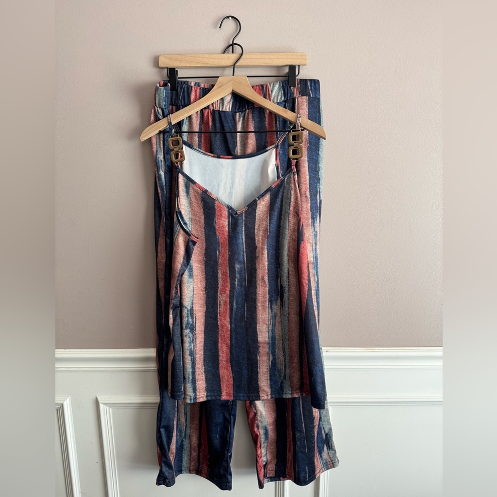 Women’s Colorful Stripe Strapless Top and Long Pants Medal Accents Size 3XL